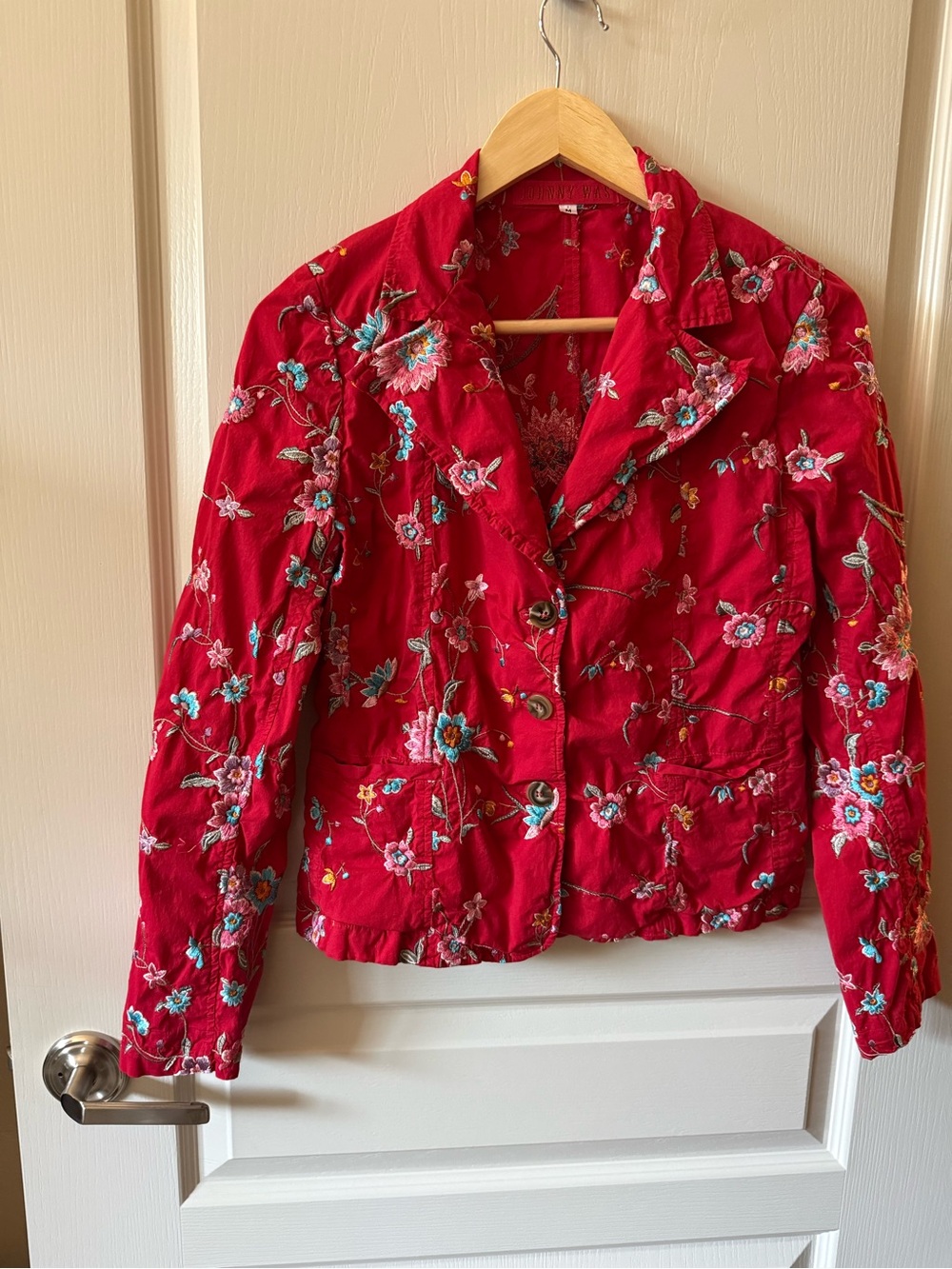 Johnny Was Red Floral Embroidered Button-Down Jacket